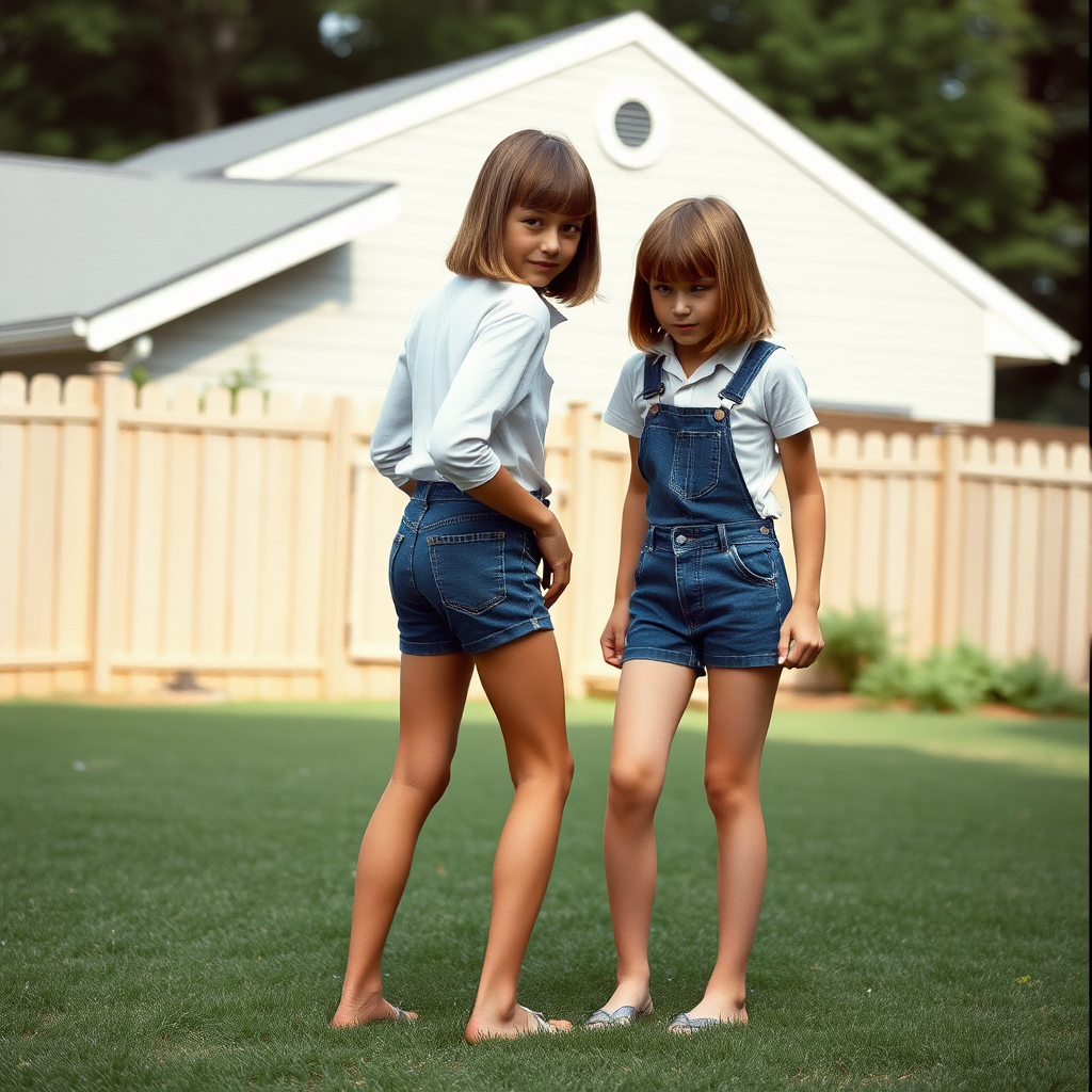 two tall 14yo teen boys, long hair bob cut, wearing shirts and very tight booty shorts or denim tight booty Shortall, long legs, narrow thighs, full-length view. 1970s. Playing at backyard. photorealistic, ultra high resolution, 16K, Negative: grainy, blurry, bad anatomy, extra limbs, watermark.