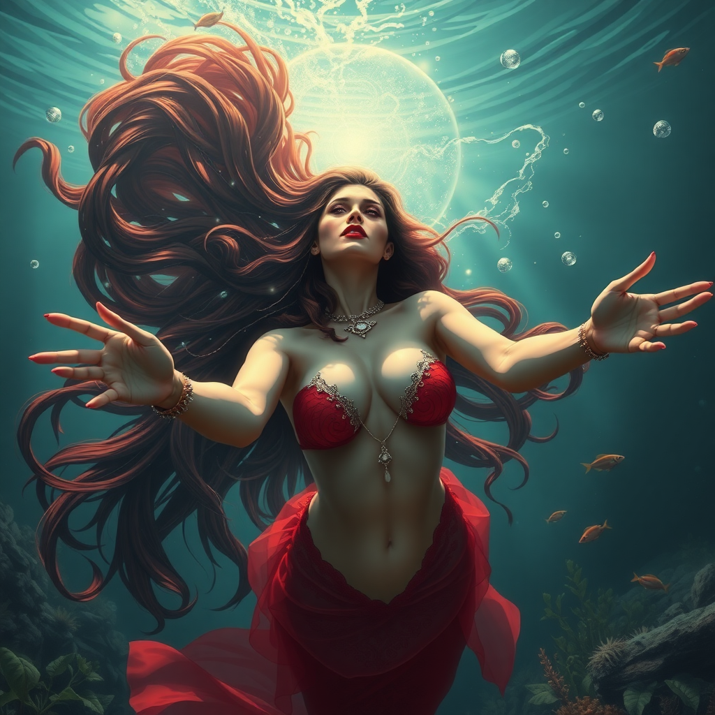 Vampirella as a mermaid underwater, amazing loose flowing hair floating in a nimbus around her beautiful face, her arms outstretched towards the viewer and she's looking down into the viewer's eyes, making intense eye contact. Loose fitting diaphanous. Burlesque. Stunning undersea life details: plants and fish and other creatures of the sea.