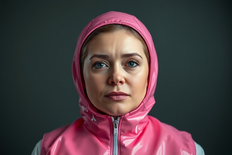 35 year old woman, fat face, pink pvc suit