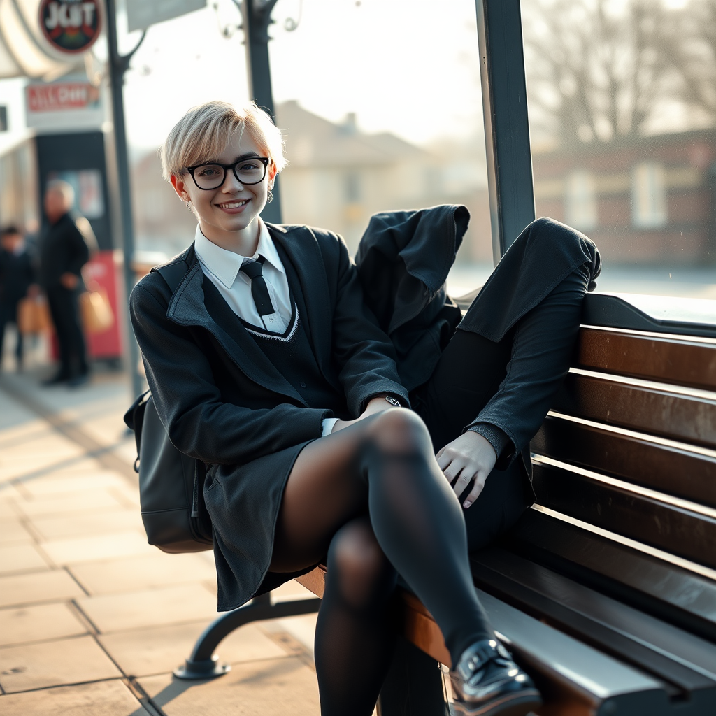 photorealistic, ultra high resolution, 16K, surreal fantasy, soft studio lighting, a pretty 18 year old goth male, slim male physique, short blonde hair, black glasses, goth makeup,  earrings,  shiny black pantyhose, UK girls-school uniform, Mary-Jane shoes, sitting on his boyfriends lap on a bench waiting for  the school bus, in daylight, excited smile, facing the camera.