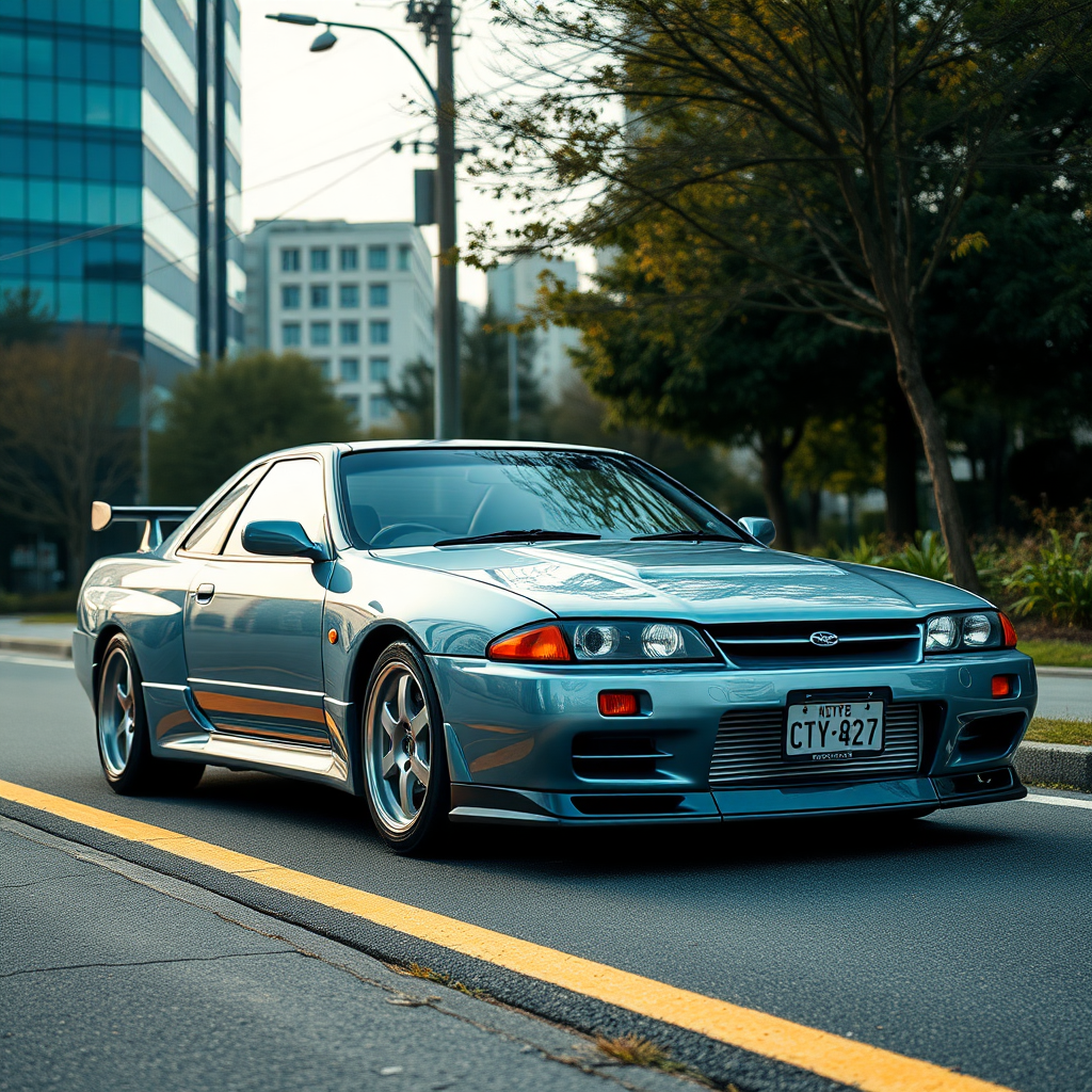 The car is parked on the side of the road, inspired by Taiyō Matsumoto, tumblr, restomod, nd4, c4 metallic shine nissan skyline r34 kalabalik tokyo gece arkaplan