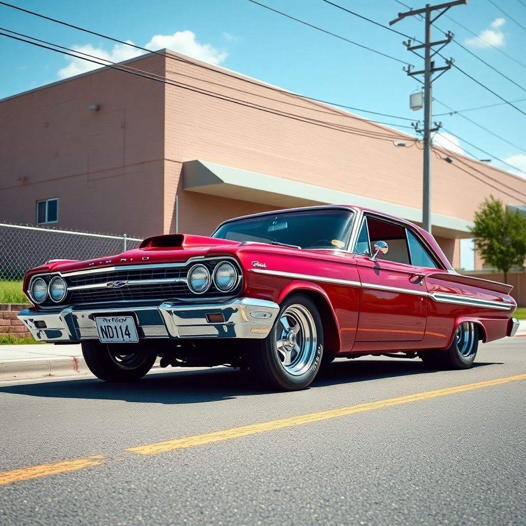 The drag car is parked on the side of the road, inspired by Taiyō Matsumoto, tumblr, restomod, nd4, c4 metallic shine candy red classic american low rider custom ford.