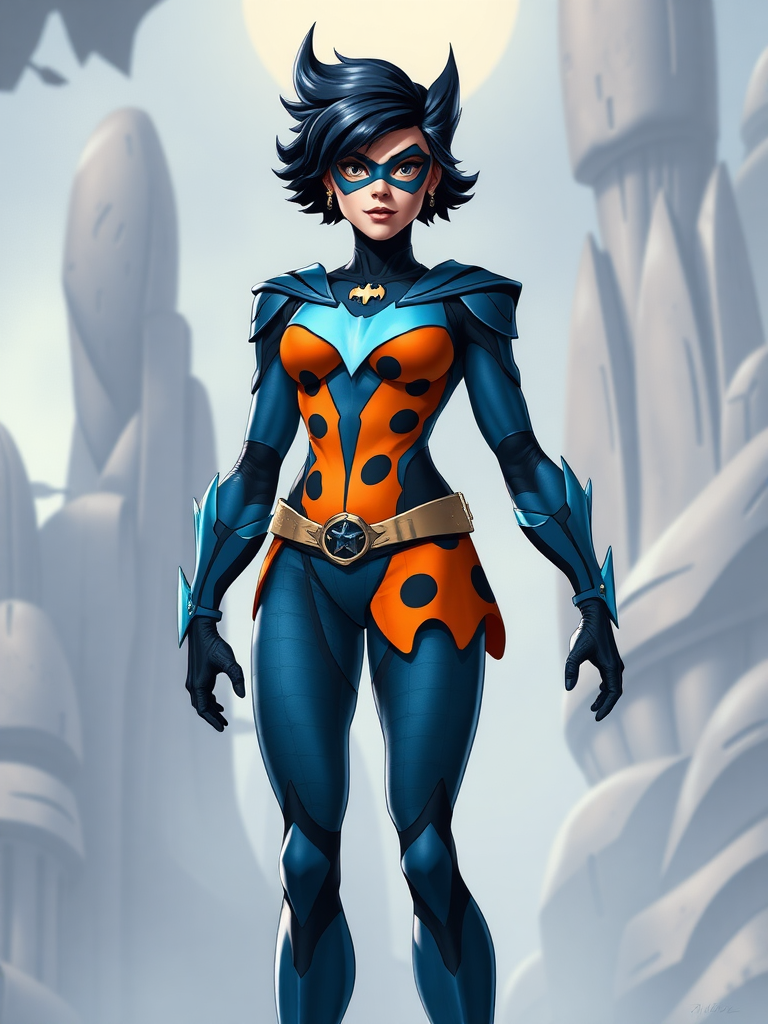 Full-length rendered image of Nightwing, incorporating Wilma Flintstone's physique while retaining Nightwing's head, iconic hairstyle, and distinct facial features. The costume should be primarily Nightwing's, but seamlessly integrate embellishments from Wilma Flintstone's attire, adjusting for the new proportions. The background should be a cohesive blend of elements drawn from both Nightwing and Wilma Flintstone's respective universes, creating a harmonious fusion.