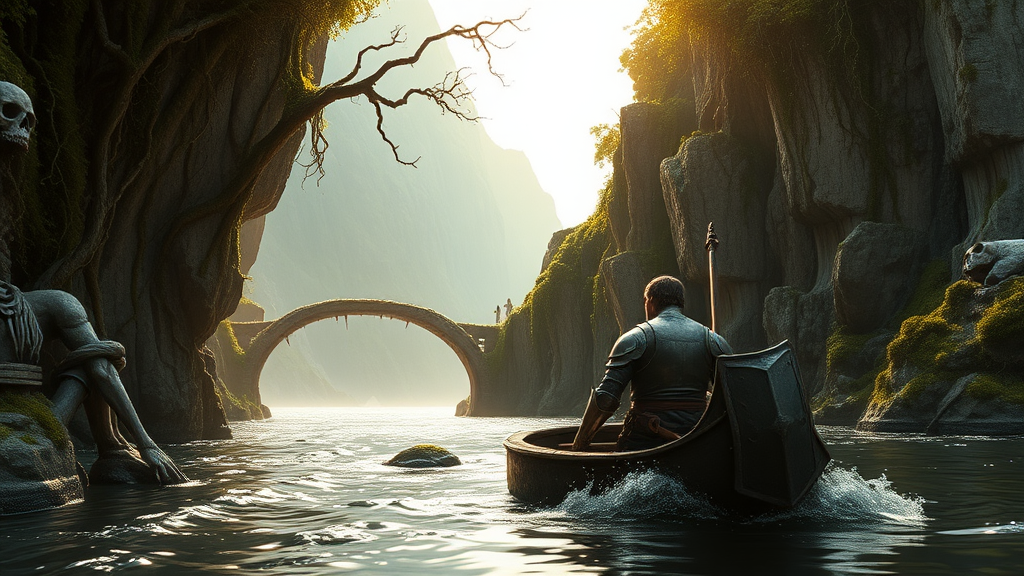 Imagine a composition reminiscent of the cinematic masterpieces of Peter Jackson's 'Lord of the Rings'. A wounded knight, his armor dented and adorned with bloodstains, weathers the storm in a small, water-logged boat. Sunlight, cascading through a gap in the towering cliffs, paints the river in a warm, golden glow. The cliffs are a testament to the passage of time, their surfaces riddled with crumbling ruins, overgrown with thick vegetation and moss. Vines weave intricate patterns, connecting the cliffs with mossy rock bridges, while branches adorned with crumbling armor and skeletal remains sway gently in the wind. The river, a ribbon of silver snaking through the dramatic landscape, eventually leads to the vast expanse of the ocean, partially unveiled by the majestic cliffs.