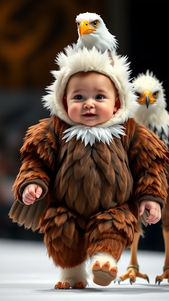 A cute small chubby fair baby with big eyes, pink lips, and pink cheeks, wearing a furry cozy eagle costume, doing a ramp walk in a fashion show, walking with a real eagle, with a cinematic eagle sitting on the baby's head.