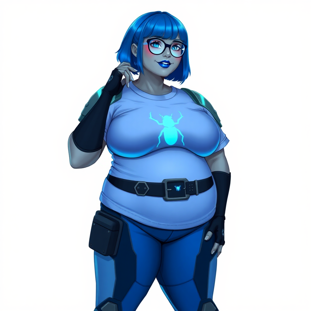 A 28-year-old, full-figured, middle gray skinned computer program hybrid with a maximum blue bob cut. She has a non-athletic build, highlighted by a prominent, round, large midsection (with emphasis on her large belly). As the digital sidekick to her cyberpunk vigilante boyfriend, her middle gray metallic skin and maximum blue lipstick emphasize her digital nature. She wears a digital, computerized costume inspired by DC’s Carrie Kelly Robin, consisting of a huge, tight-fitting, maximum blue t-shirt with a neon blue glowing chest icon of a beetle, hi-tech shoulder pads with neon blue accents, a black hi-tech belt with a digital neon blue glowing buckle, digital maximum blue pants with neon blue accents, and black hi-tech fingerless biker gloves with neon blue glowing accents. Her neon blue glowing eyes, black eyeglasses with a neon blue glowing HUD built into the lenses, and shy smile with neon red blush accentuate her nerdiness. She stands bashfully with one hand behind her back and the other hand gently touching her cheek, her costume covering all her skin and emphasizing her full-figured physique (especially her belly). She is clearly non-athletic, with a heavy focus on her large belly. Despite her build, she radiates beauty. She has a slim face compared to her physique, accentuating her radiant beauty. She is on a solid white background. She is drawn as if she were in a retro 2D cyberpunk fighting game.