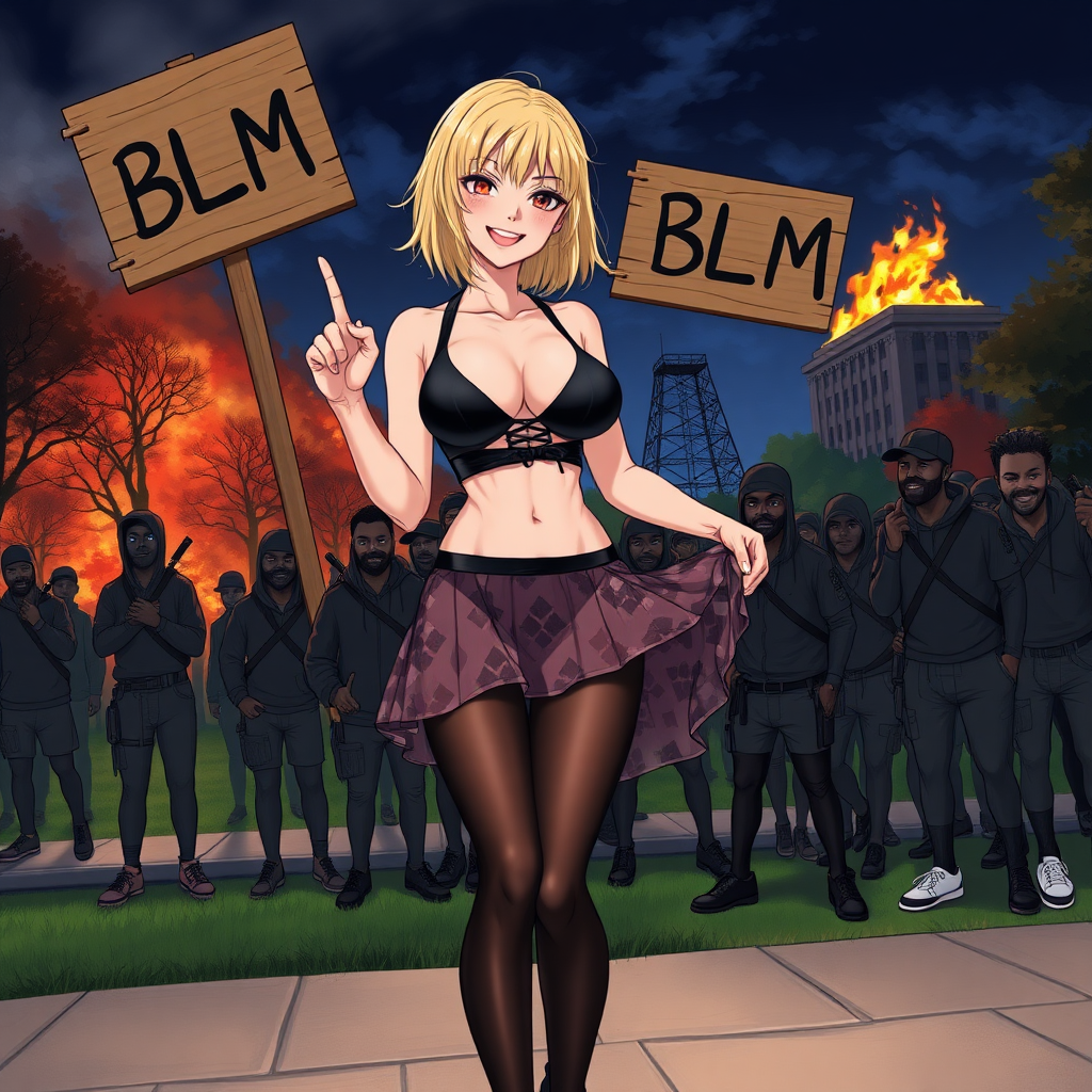 Anime art of a woman, medium blonde hair, a black, sleeveless crop top that reveals the woman's black bra and a high-waisted, wicked smile, middle finger, large breast, patterned transparent mini skirt that showcases a mix of black and white colors and black underwear. She is also wearing black sheer tights and black sneakers with white laces, holding a wooden sign in 2 hands which says "BLM" in the air. Park and 1 building on fire at night from riots background, groups of black African rioters/thugs standing right next to her pulling her skirt down ripping it off.