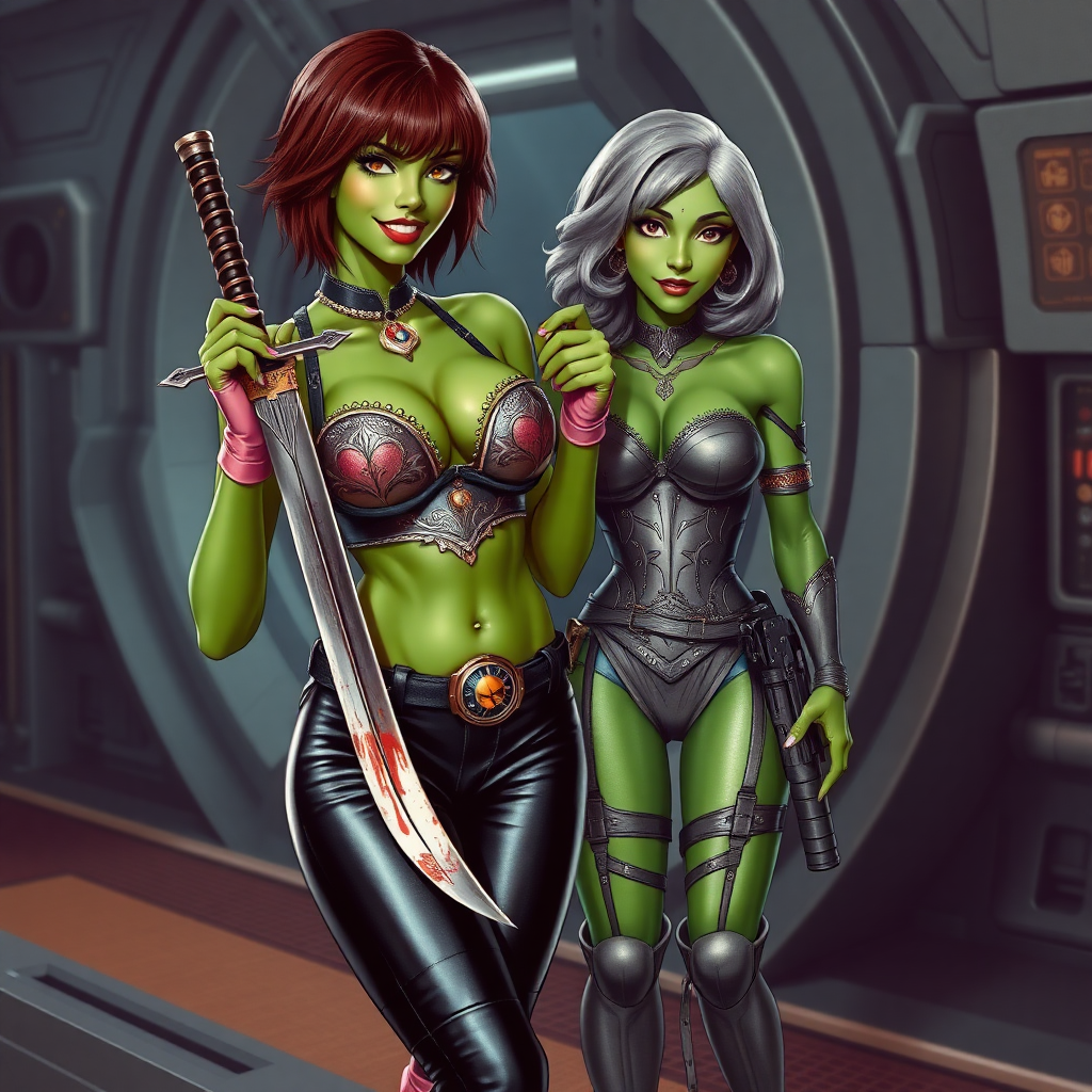 Tall, beautiful green skinned woman. Her brown hair is in a shag-cut style. Her eyes are gold. She is dressed in an ornate metal bra. She is wearing black leather pants, with pink knee high boots. She is holding a large, bloody dagger in a threatening manner. She is smiling. A sci-fi looking gun is holstered at her hip. Standing next to her, hand on her shoulder is an older green skinned woman, dressed in a metal bikini and gray knee boots. She is at a sci-fi space-port.