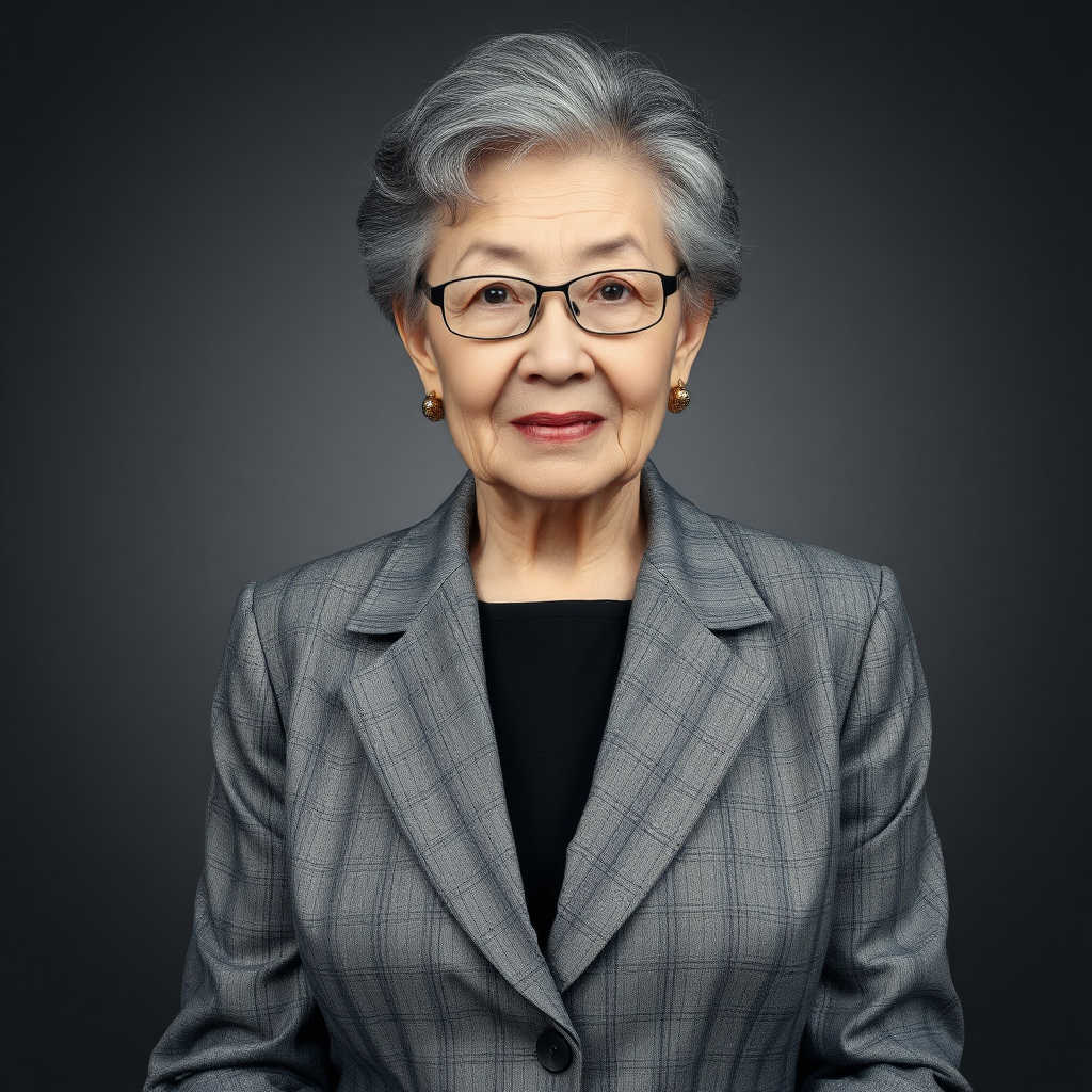 70 age old korean woman, front, woman suit, photo studio background, black and white hair