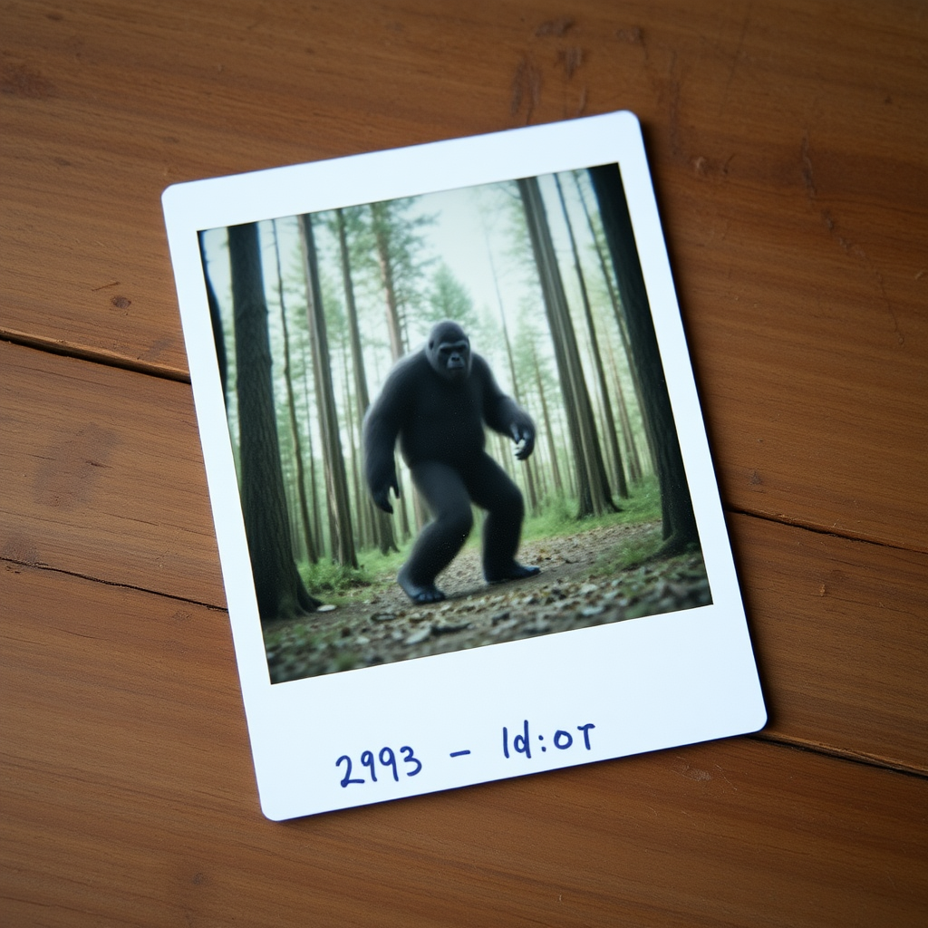 Polaroid photo of a Bigfoot walking in the woods, it is blurry. The Polaroid is lying on an old wooden table. The Polaroid looks very real. The date of the shot is written at the bottom of the photo.