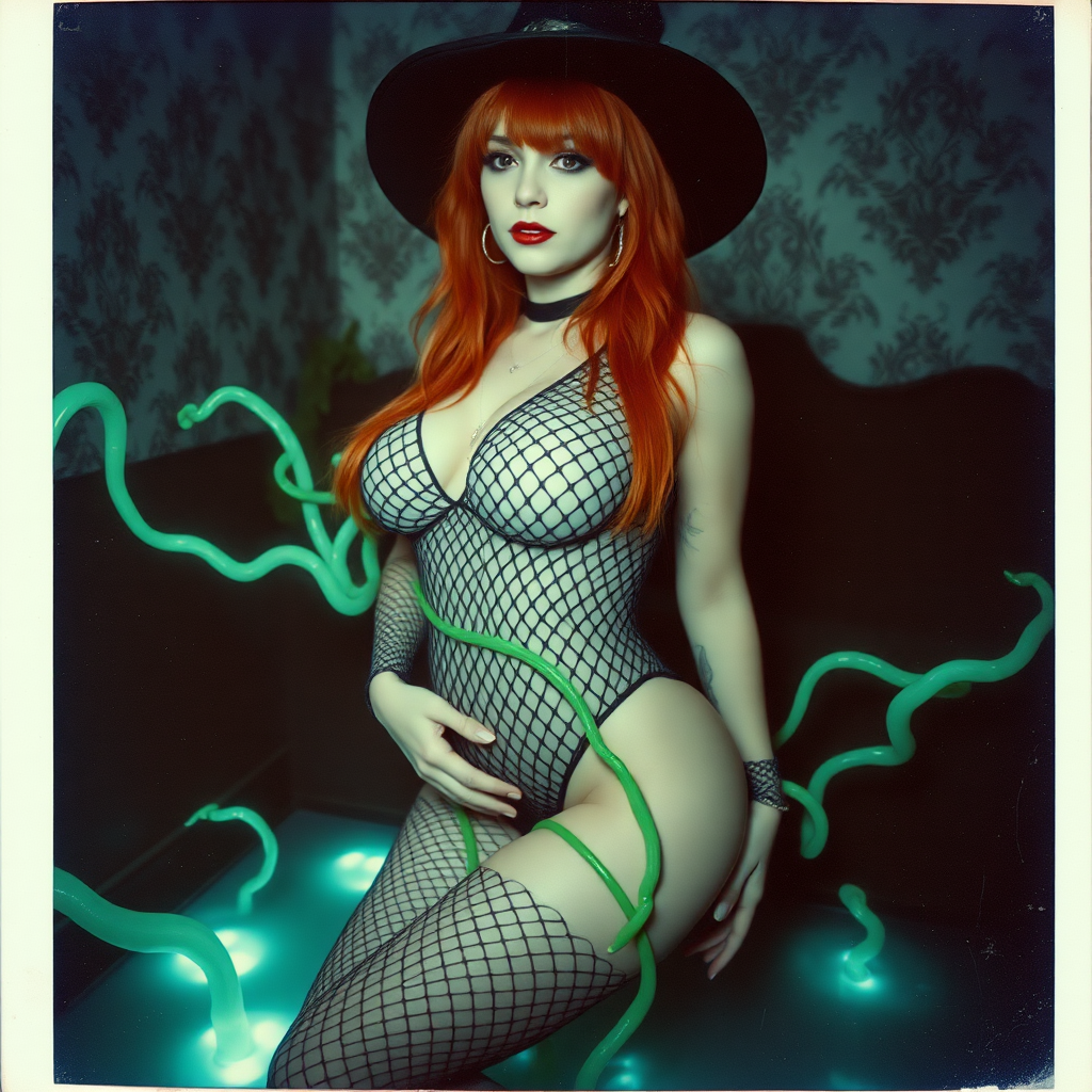 An old polaroid photo with heavy dark vignetting and a blue color tint to the photograph and visible light leaks. The photo depicts a sexy alt goth girl with pale skin and red hair. She has a plump booty. She has large breasts with ample cleavage and is wearing a black fishnet bodysuit. She is wearing a witch hat. She is surrounded by glowing translucent green vine coming out of magic bright glowing pools of water on the floor, wrapped around her arms and legs. She is straddling a green vine between her legs. The image looks hazy and grungy. She is in an old house with wallpaper on the walls. Dark lighting with camera flash used. Candid