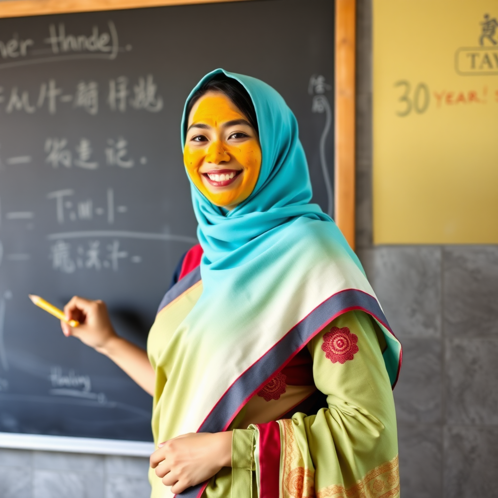 slim, 30 year old, sexy, chinese female school teacher, saree, scarf head, turmeric face mask. She is smiling and teaching on a blackboard