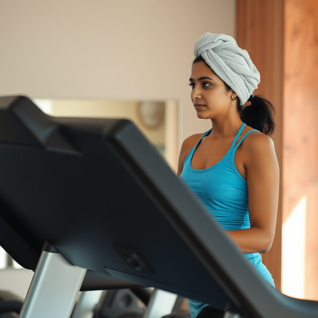 Indian wife, towel head, working out on Treadmill