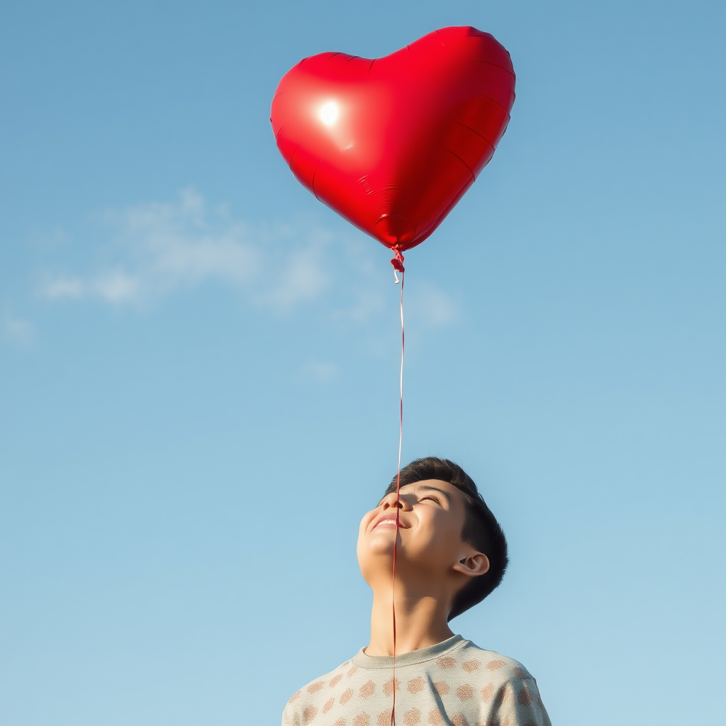 A picture of a young man crying and letting a heart-shaped balloon go and float high up into the sky above.