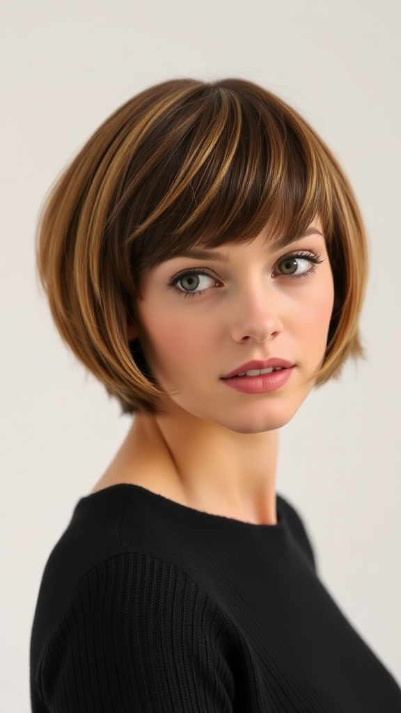 Beautiful model Anne Hathaway with a Bowl Cut hairstyle in various shades of color, with autumn chestnut foliage, in high definition.