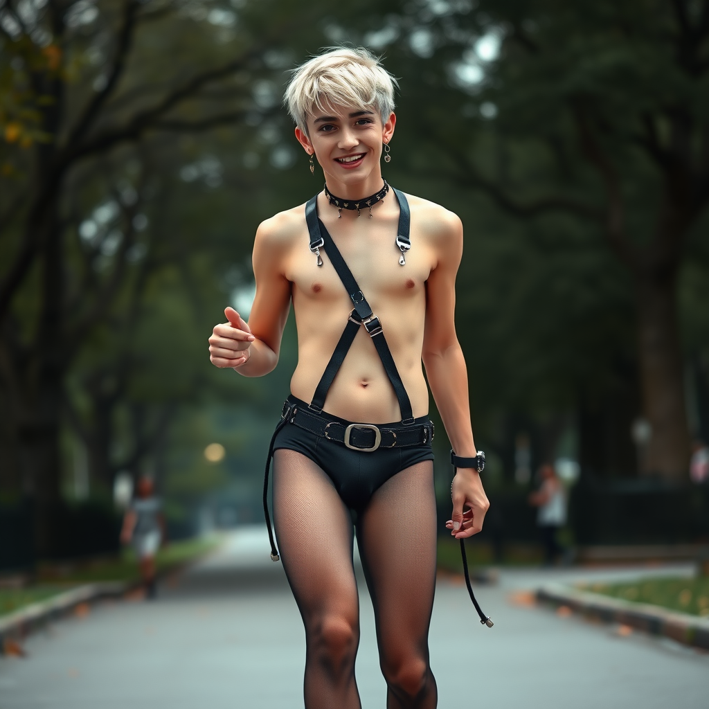 photorealistic, ultra high resolution, 16K, surreal fantasy, studio lighting, a pretty 16 year old goth boy, slim male physique, short blonde hair, goth makeup, earrings, pantyhose, harness, spikey dog collar and leash, trainer-bra, white ballet shoes, rollerblading in the park, excited smile, facing the camera.