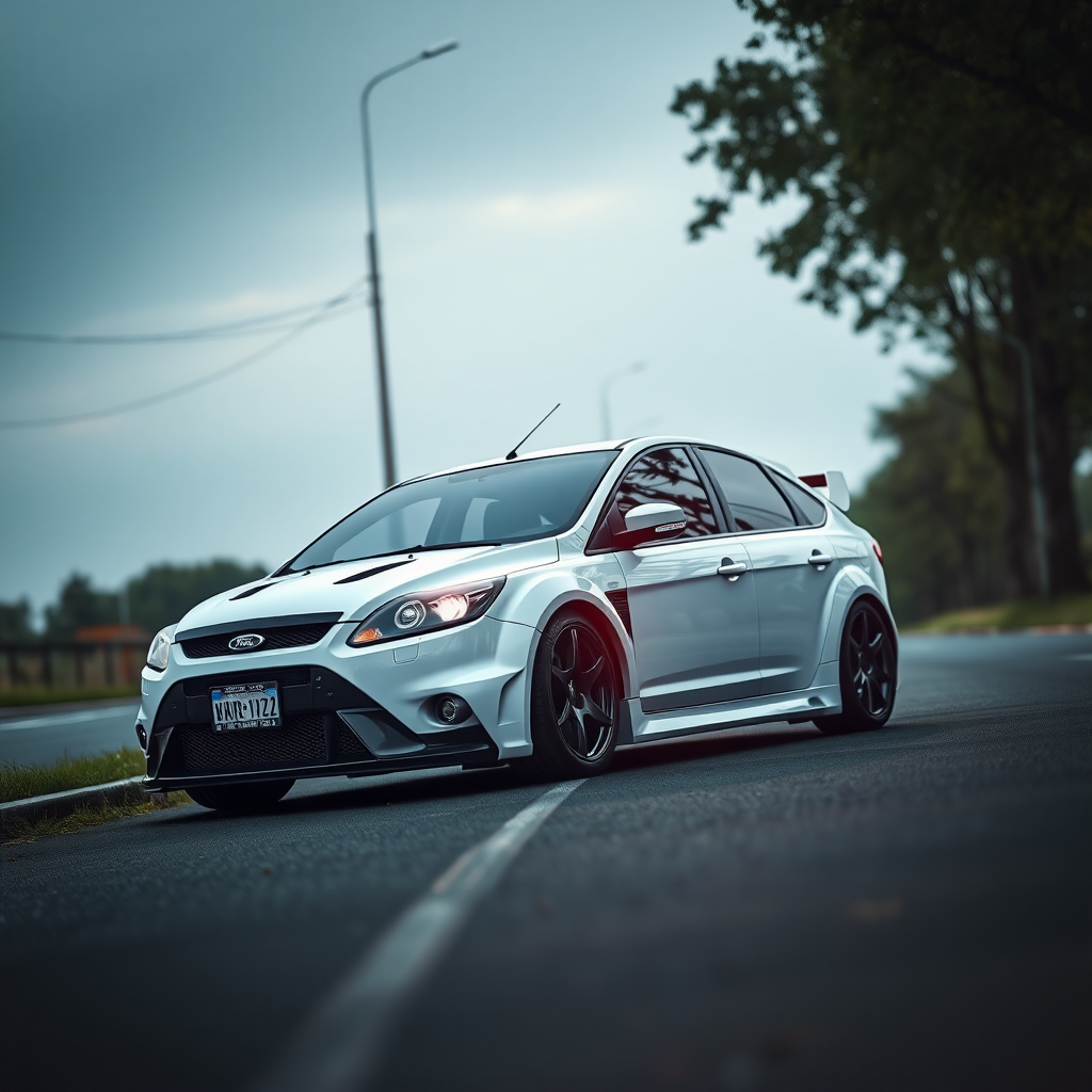 #AIart #flux1 #aiart #aiphotography #photorealism #flux1pro ford focus rs 2009 car is parked on the side of the road, inspired by Taiyō Matsumoto, tumblr, restomod, nd4, c4