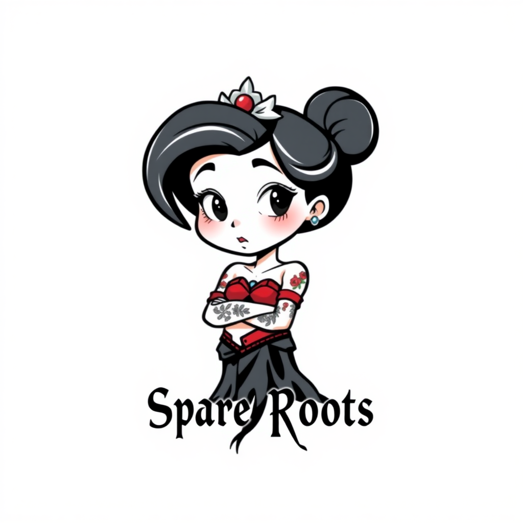 A modern tshirt design that features a gritty tattooed disney princess cartoon character. the bottom of the design reads "Spare Roots". the image has a blank white background.