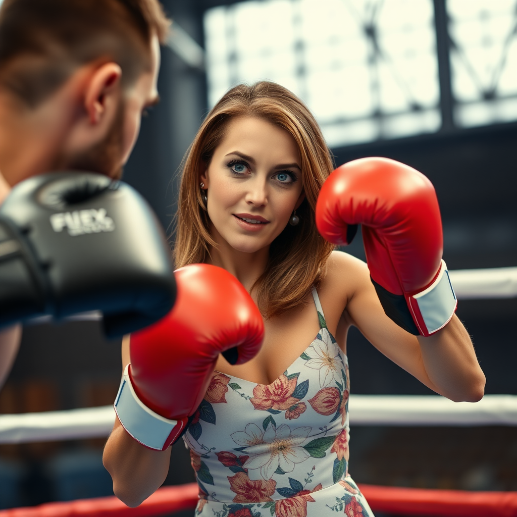 middle-aged woman, brown hair, blue eyes, slim, small, wearing a flower-pattern dress, wearing boxing gloves, in the boxing ring with a big boxer.