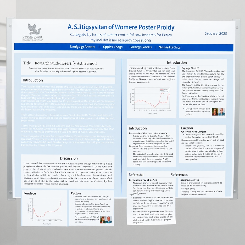 Design a visually appealing and informative research poster template that effectively showcases the key elements of a scientific study, including the title, authors, introduction, discussion, and references. The template should incorporate a clear and logical layout, with appropriate use of colors, fonts, and graphics to enhance readability and engagement for a wide range of audiences in an academic or research conference setting. Try using few words and have a good balance between words and images.