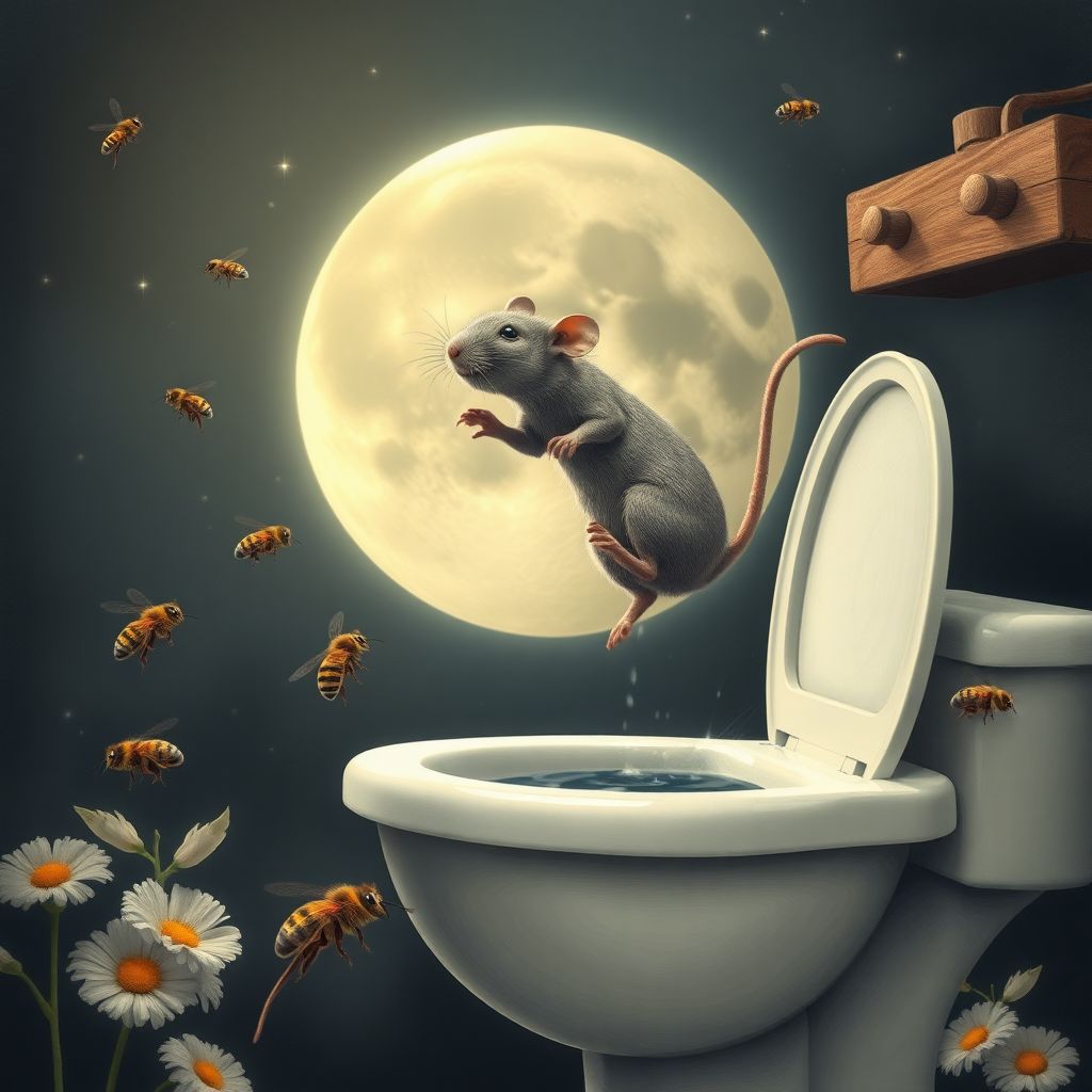 A rat jumping off the moon into a toilet, bees