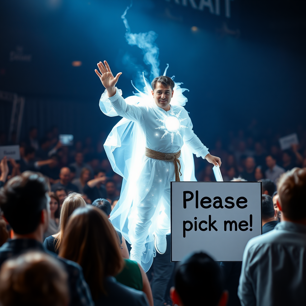 An ethereal mystic superhero eagerly jumps out of a crowd raising and waving his hand. His other hand holds a sign that reads "Please pick me!"