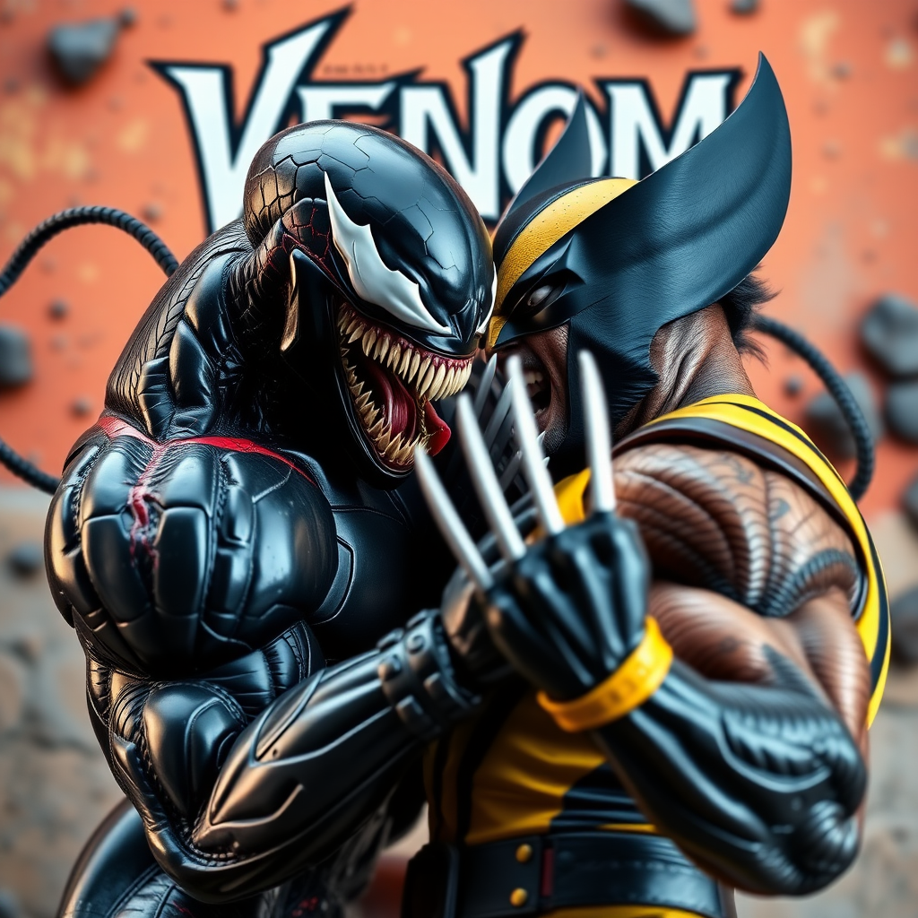 On a comic book cover is Venom Vs Wolverine in Cinematic Real3d photo-realistic quality.