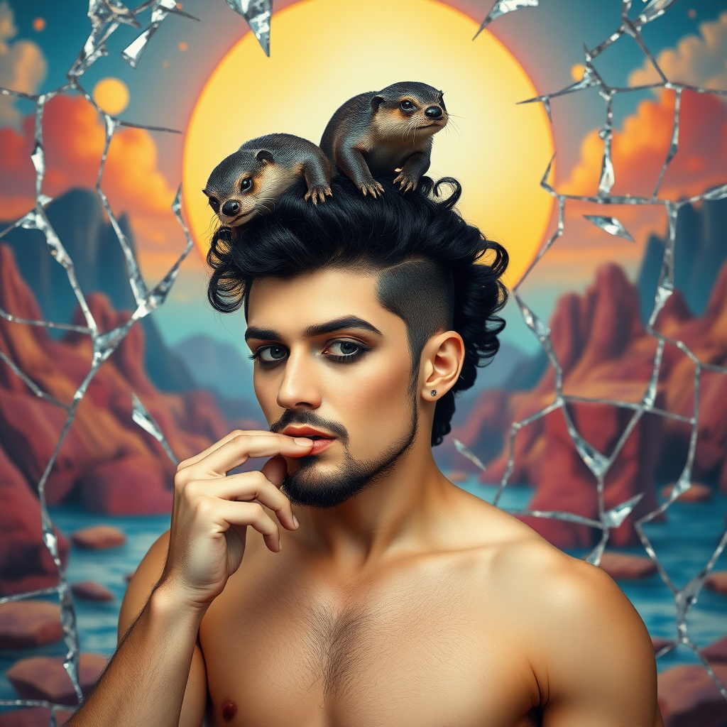 The background is a broken glass with red, blue, yellow, and white. A 4K hyper-realistic photograph in the style of retrofuturism, blending surrealism with kitsch. The subject is a man with an extravagant, curly black haircut, styled in a flamboyant bun, paired with a sexy, masculine look. He sports a neatly groomed, three-day beard — short, evenly distributed, with a light shadow effect across the chin, jawline, and cheeks. His makeup is dramatic, like a drag queen, adding to the boldness of his appearance. He has a muscular, athletic build. A pin-up man in a seductive pose, nude except for a pair of shiny pasties. His expression is playful and provocative, with a finger delicately posed on his mouth, adding a touch of mystery. The background is a surreal landscape with vibrant colors and kitsch elements that contrast with his figure. Otters play above his head.