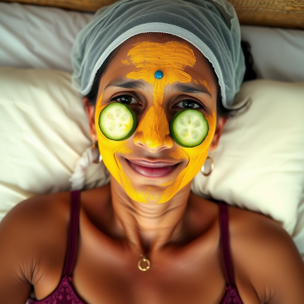 A skinny, traditional, 30 year old Indian wife with hair covering, wearing a bra, lying on a bed. Her face is covered with turmeric face mask, and her eyes are covered with cucumber slices. She looks satisfied from her facial expression.