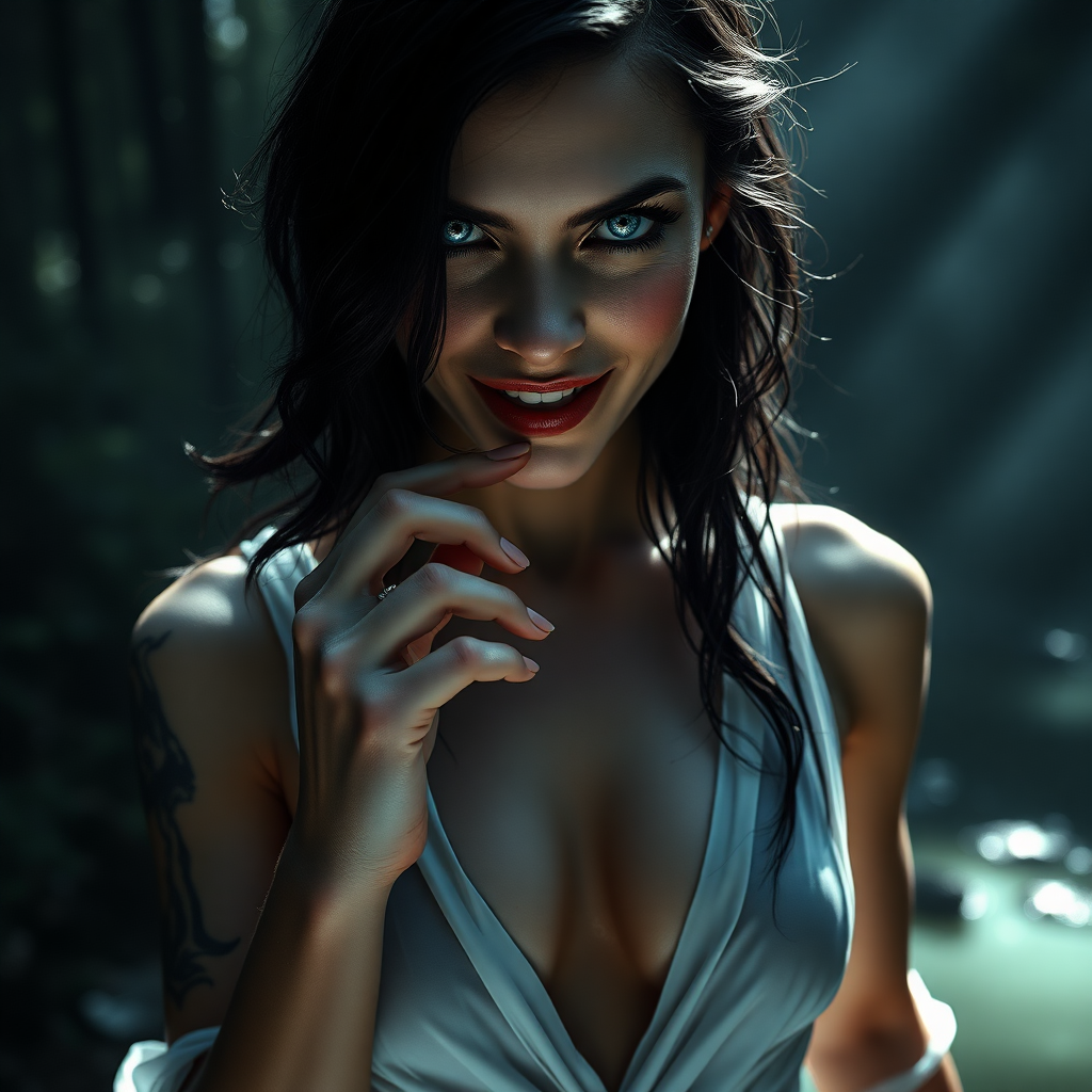 Enigmatically alluring inviting and scary looking smile.  
Running through secretive place, a small pond with God rays of light shining on her face in a glade in a tall magical forest where she lives, ready for a nude swim at any moment.  

The image presents Beautiful Hell standing with a powerful and commanding presence. She is a hyper photo realistic woman, visibly sweating, exuding menace, sexuality aroused and beauty. The background is dark and mysterious, enhancing her enigmatic presence and adding depth to the image.  

Her dark raven-black hair cascades down in soft, wavy strands often caught in a breeze, contrasting sharply against her pale, flawless unblemished skin with delicate feminine sexual tattoos sprinkled around her body.  

Beautiful Hell has a strikingly beautiful face with fine unbroken porcelain white skin and smooth and defined features. Her mouth slightly open, with an index finger laying on her lip and the tip of her finger in her mouth.  

Her eyes are sharp and in focus when zoomed in to one of her eyes. Her eyes are a piercing blue, intensely realistic in detail, bright and crisp, and realistically detailed and deep are intense and captivating, capable of drawing you in, and intimidating anyone who meets her gaze. Her eyes show an intense need to own the viewer, are framed by long dark lashes, adding to their dramatic effect. Her expression is sexual and menacing and intense, reflecting her dual nature.  

Emotional and Visual Impact:  
The image evokes a sense of raw sexual attraction and admiration for Beautiful Hell’s beauty, body, intricate revealing, intimacy, and intense. The combination of transparent sheer fabric, a deep and wide plunge line that reveals the edge of her nipples, and delicate ultra-light white silk of her dress creates a balance between elegance and sexual allure, making her beautiful to linger your gaze upon, unavoidably sexually attractive, and intimidating. The visual intensity of the image is heightened by the dark, mysterious background, which adds to her enigmatic presence. The overall emotional response is a mix of admiration for her beauty, a subtle unnerving sense of fear or respect, and mostly for her bold, daring, sexual attention demanding design that she wears to specifically honor her deliberate and leading the viewer to physical sexual attraction to her. Her demeanor and physical exposure are outrageously bold, giving her an openly gleeful and ecstatic smile reflected in her brilliant blue eyes, and inviting anyone to oppose her.  

Dress Design and Features:  
Plunge Line: The dress, made of a thin revealing silk, shows the colors of her areolas, and features a deep and wide plunge line that extends to just below her belly button, revealing the smooth skin of her torso and her belly button emphasizing the dress's allure and Beautiful Hell's alluring natural sexuality. The dark, remarkably fine silk of the dress clings closely to her figure, accentuating her curves and emphasizing her feminine form.