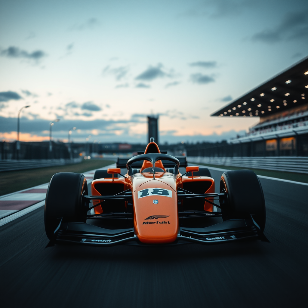 f1 mclaren car aesthetic cinematic photo in a race track