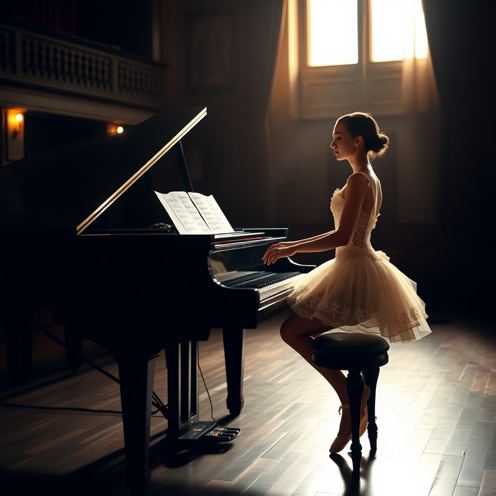 In the dim-lit auditorium of a historic ballet company theater, the air is thick with a sense of nostalgia, the kind that whispers stories of artistry and talent. A ballerina, poised elegantly on a weathered wooden stool, plays a grand piano with a mastery that transforms each note into a haunting melody. Clad in a delicate, ivory vintage tutu adorned with intricate lace and shimmering sequins that catch the soft light, her hands glide over the polished ebony keys, creating a symphony that echoes through the room.

The stage is bathed in a magical, ethereal glow, casting warm, golden highlights that accentuate the ornate details of her costume and the glossy sheen of the piano’s surface. Shadows dance gracefully along the walls, mingling with the muted colors of the velvet curtains that frame the stage. The scent of aged wood mingles with a faint hint of blooming jasmine wafting in from an open window, enhancing the dreamlike quality of the moment.

As she plays, a hushed silence envelops the audience, each note evoking memories and emotions that hang in the air like an invisible tapestry. The ballerina’s expression is serene yet deeply introspective, revealing a connection to the music that transcends the physical realm. Her fingers move with a fluid grace, reminiscent of the graceful pirouettes she performs when dancing, as if her entire being is infused with the rhythm of the piece.

In this intimate setting, the atmosphere pulses with a bittersweet beauty, where the past and present intertwine, inviting all who are present to lose themselves in the enchanting world of dance and melody that unfolds before them.