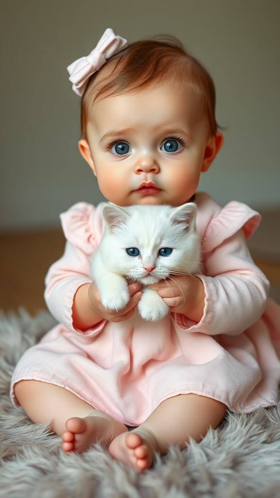 A cute small chubby fair baby big eyes pink lips pink cheeks wearing a light pink soft frock sitting a furry rug holding a white cute cat