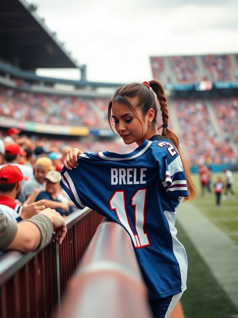 Attractive female NFL fan, pigtail hair, leaning forward over first row stadium barrier, next to field, handing a spare jersey, player autographs it.