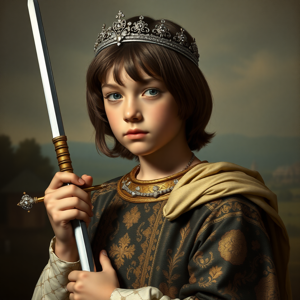 16yo teen boy prince holds his one small sword in a scabbard in his right hand by the hilt, long bob cut, embroidered with gold and diamonds medieval cloths, diamond diadem, natural Skin Texture, visualization of embossed Skin using the play of light and shadow. Free style by 50% Adolphe William Bouguereau and 15% Sandro Botticelli and 35% Otto Lomüller, The background is in the style of landscape style by Antonio del Polaiolo. Studio lighting, professional lighting. Generating the signature at the bottom: FluxBach. ultra high resolution, 16K,