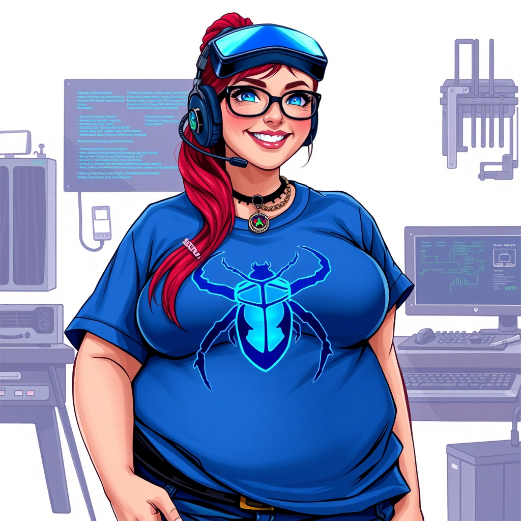 A cyberpunk vigilante’s full-figured intelligent and tech-savvy 29-year-old girlfriend, who is a computer hacker and tech genius. She has a long ruby red ponytail and bright blue eyes. She wears a sapphire beetle gemstone necklace, and an oversized maximum blue t-shirt featuring a giant neon blue glowing icon of a beetle on its chest. She has a full-figured physique with a prominent, gargantuan, round midsection, reflecting her well-cared-for lifestyle. The midsection is heavily emphasized. She sports a sapphire headset with hi-tech maximum turquoise lensed HUD visor, black eyeglasses, and a beaming smile with a passionate bright red blush. Despite her figure and a lack of self-esteem, she radiates an air of beauty. She has a slim and angular face which contributes to her radiant beauty. She serves as his tech expert from his hideout, dutifully working at her workshop computer desk and tool bench. The background is solid white. She is drawn as if she was in a retro 2D cyberpunk fighting game. Make sure her shirt covers her round midsection.