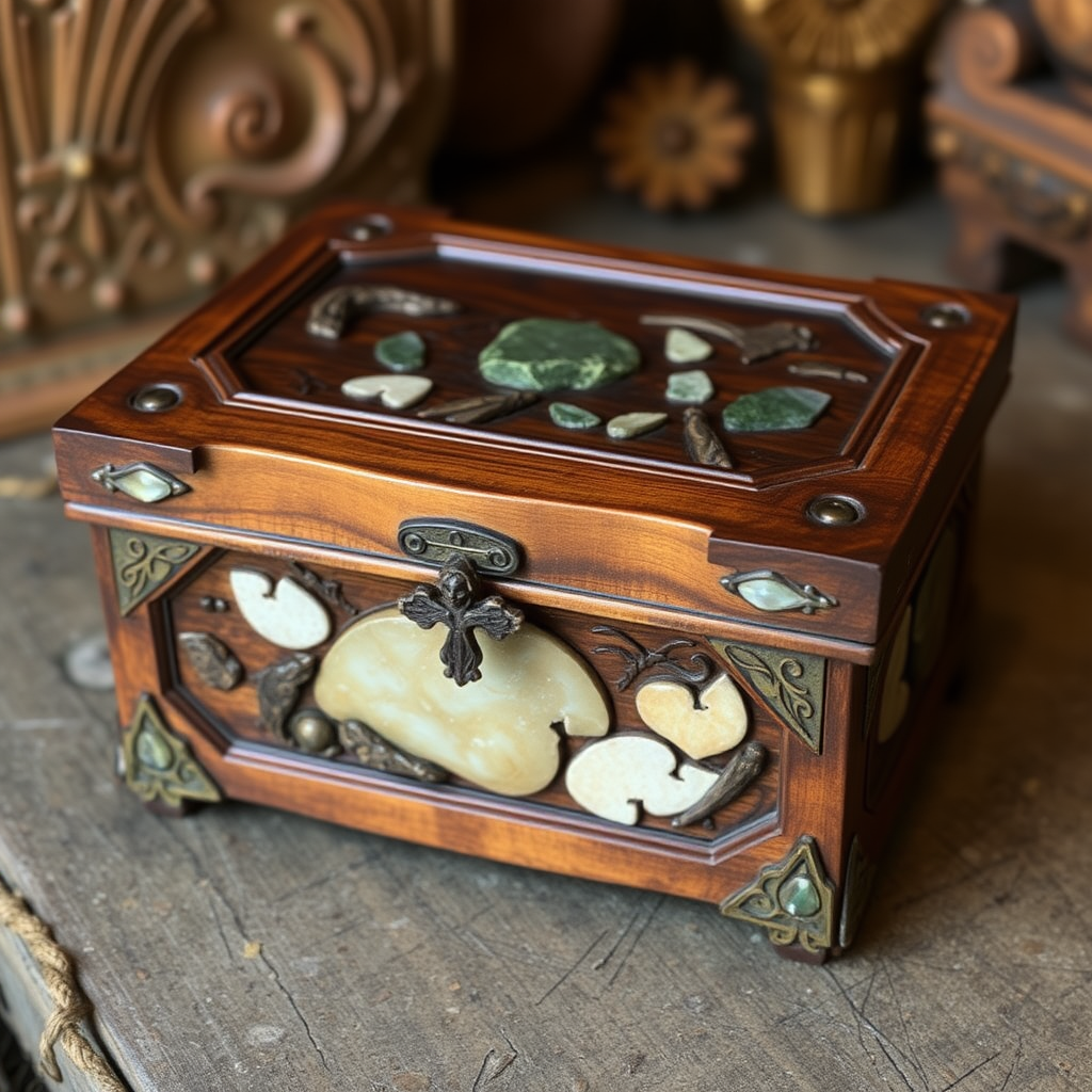 Decorative fantasy genre wooden box with stone inlay