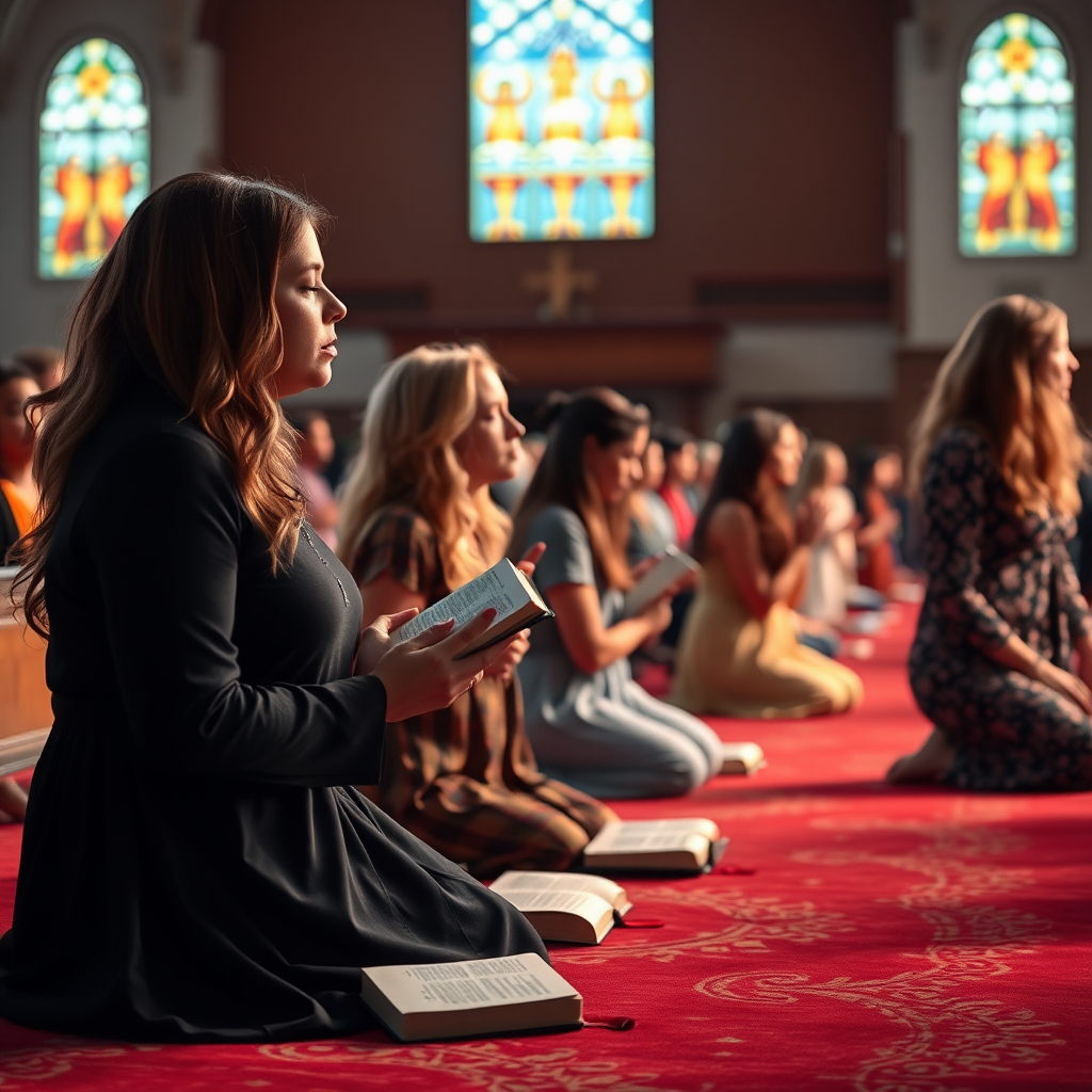 A banner with an image of several women kneeling on the ground praying in an evangelical church Each one has a Bible next to her, digital art style, ultra detailed, cinematic lights, high quality, 8K