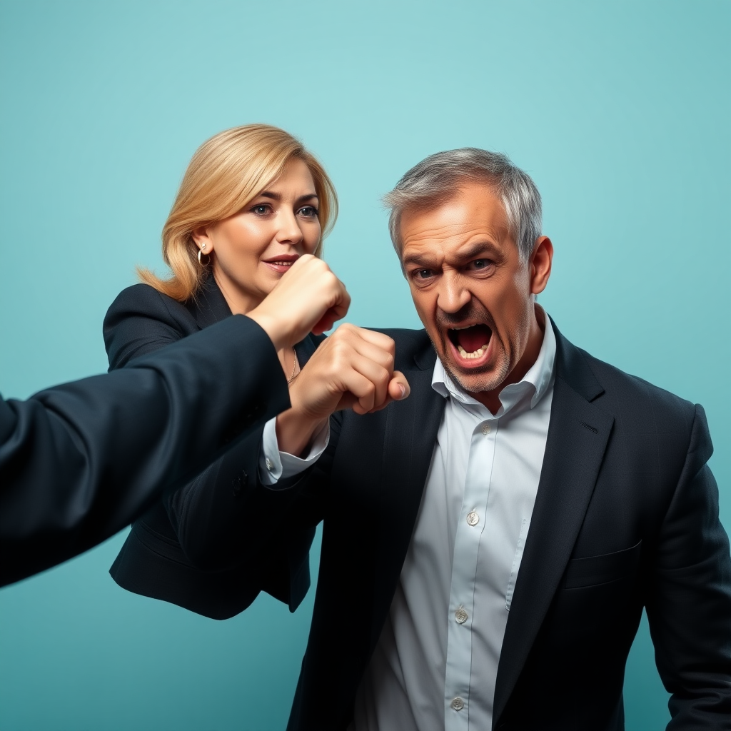 mature attractive business woman punching a man in the face, the fist is hitting his angry face and making strong impact, he looks visually disturbed