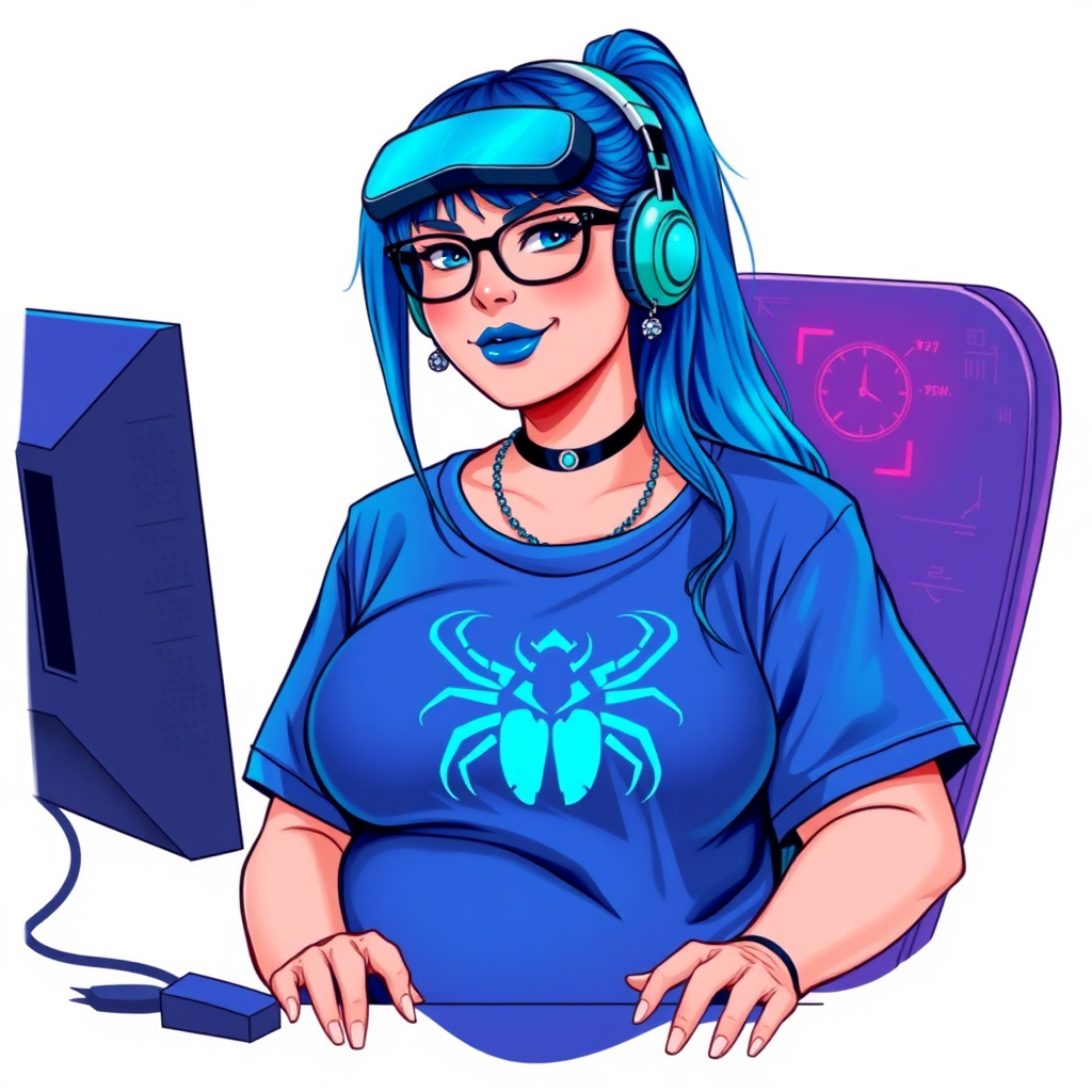 A cyberpunk vigilante’s full-figured intelligent and tech-savvy 28-year-old girlfriend, who is a computer hacker and tech genius. She has a long maximum blue ponytail. She wears maximum blue lipstick, bright blue eyes, a sapphire beetle gemstone necklace, sapphire earrings, black eyeglasses, and an oversized maximum blue t-shirt featuring a blue sapphire gemstone crusted scarab beetle chest icon. She has a full-figured physique with a prominent, massive, round belly, reflecting her well-cared-for lifestyle. She sports a sapphire headset with a hi-tech maximum turquoise lensed HUD, and a shy smile with a neon red blush. She serves as his tech expert from his hideout, diligently working at her lab table computer desk. The background is solid white. She is drawn as if she was in a retro 2D cyberpunk fighting game. Ensure her maximum blue t-shirt covers her belly.