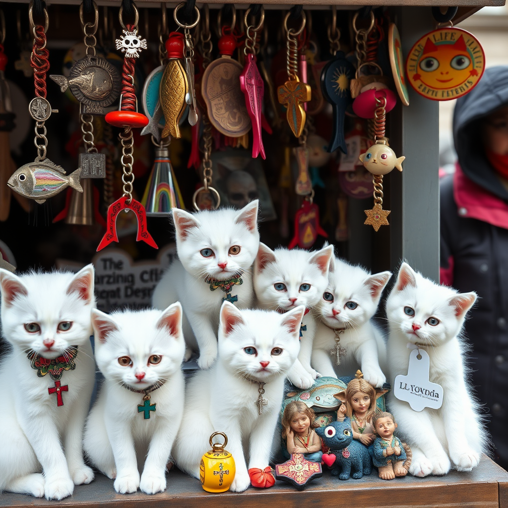 A street stall staffed by white kittens filled with kitschy keychains for tourists in Berlin, cats, Catholic, vampire, cross, tacky, rainbow, raining, weird, post-apocalypse, fish, punk rock