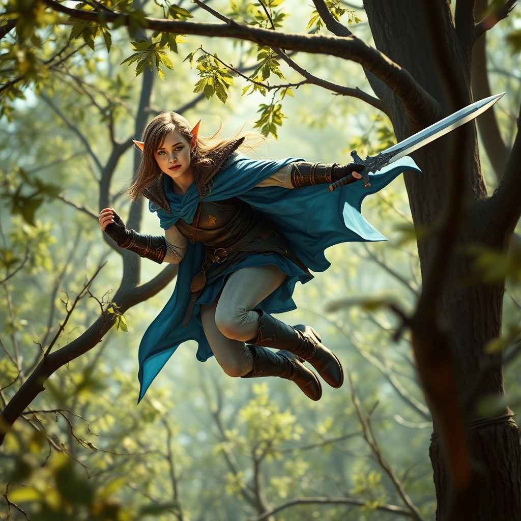 A twenty-something elf girl like (ana de armas, Deedlit from Record of Lodoss war), a character come to life. wide triangular shoulder pads, blue flowing cloak, leather armor, skirt, high heel ankle boots. Flying through tree branches, sword in hand. Photorealistic digital matte painting, highly detailed, film grain, lens flare, chromatic aberration.