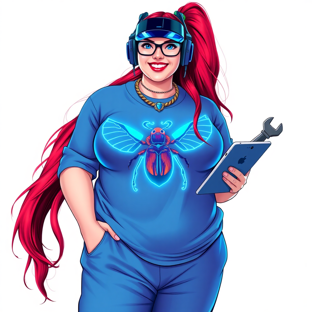 A cyberpunk vigilante’s full-figured intelligent and tech-savvy 29-year-old girlfriend, who is a computer hacker and tech genius. She has a long ruby red ponytail and bright blue eyes. She wears a sapphire beetle gemstone necklace, an oversized Maximum Blue (RGB 71, 171, 204) t-shirt featuring a giant neon blue chest icon of a winged beetle, and matching Maximum Blue sweatpants. She has a full-figured physique with an enormous, well-rounded midsection, reflecting her well-cared-for lifestyle. She sports a sapphire headset with a hi-tech Maximum Blue (RGB 71, 171, 204) lensed HUD visor, Maximum Blue (RGB 71, 171, 204) lipstick, black eyeglasses, and a beaming smile with a passionate bright red blush. Despite her figure and a lack of self-esteem, she radiates an air of beauty. She has an angular face which contributes to her radiant beauty. She serves as his tech expert from his hideout, holding a holographic tablet and a hi-tech tool wrench. The background is solid white. She is drawn as if she was in a retro 2D cyberpunk fighting game. Make sure her outfit covers all her bare skin (especially her enormous midsection).