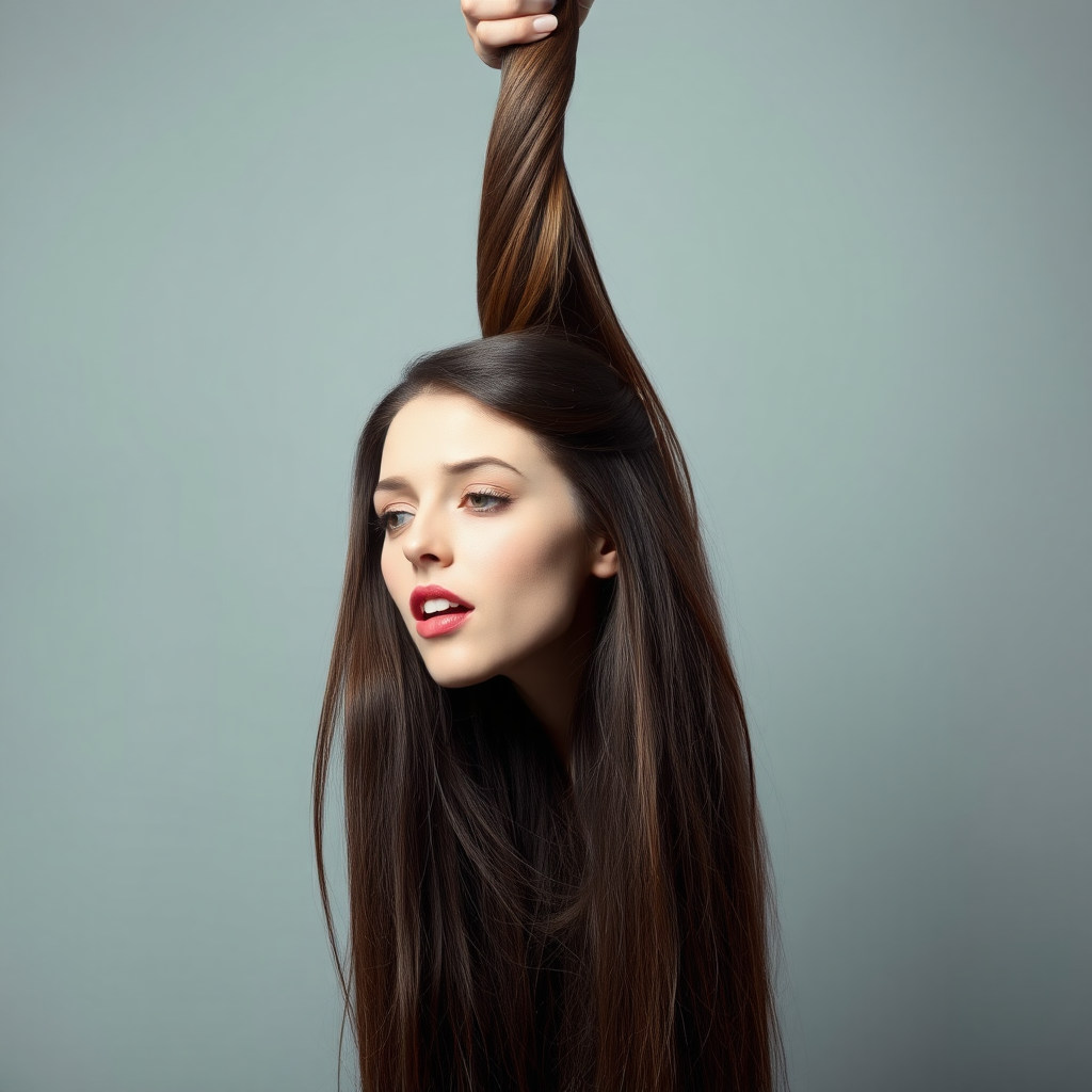 Surreal image of a very long haired woman's beautiful disembodied head hanging by her very long hair. Her very long hair is gathered at the top of her head into a long ponytail that stretches upward into a grasped hand. Plain gray background. She has an aroused expression on her face while biting her lip.