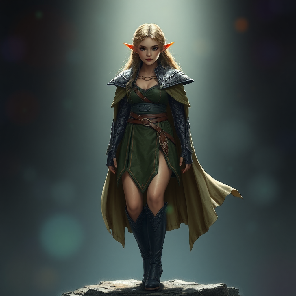 A twenty-something elf girl like (Deedlit from Record of Lodoss War), a character come to life. Wide triangular shoulder pads, flowing cloak, leather armor, skirt, high heel ankle boots. Photorealistic digital matte painting, highly detailed, film grain, lens flare, chromatic aberration.