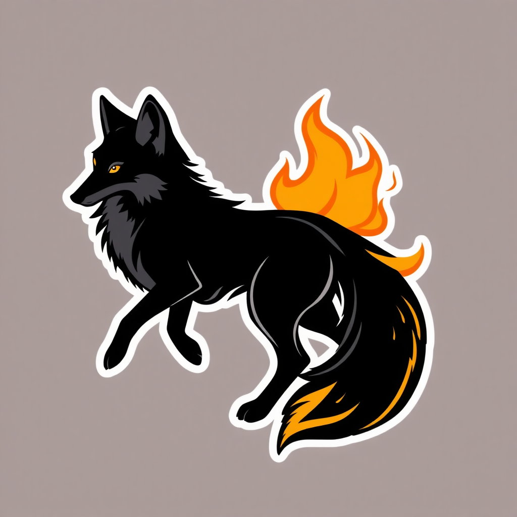 A logo of a black fox with fire for a tail and eyes