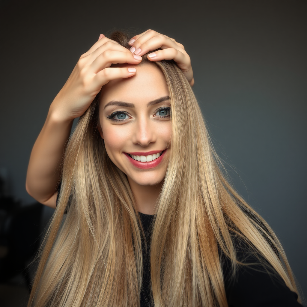 POV, beautiful very long haired blonde woman sitting in a hair salon smiling at the camera while I reach out from behind the camera to massage her scalp. My fingers are digging into her hair rubbing her scalp while her hair is covering my hands. Plain gray background.