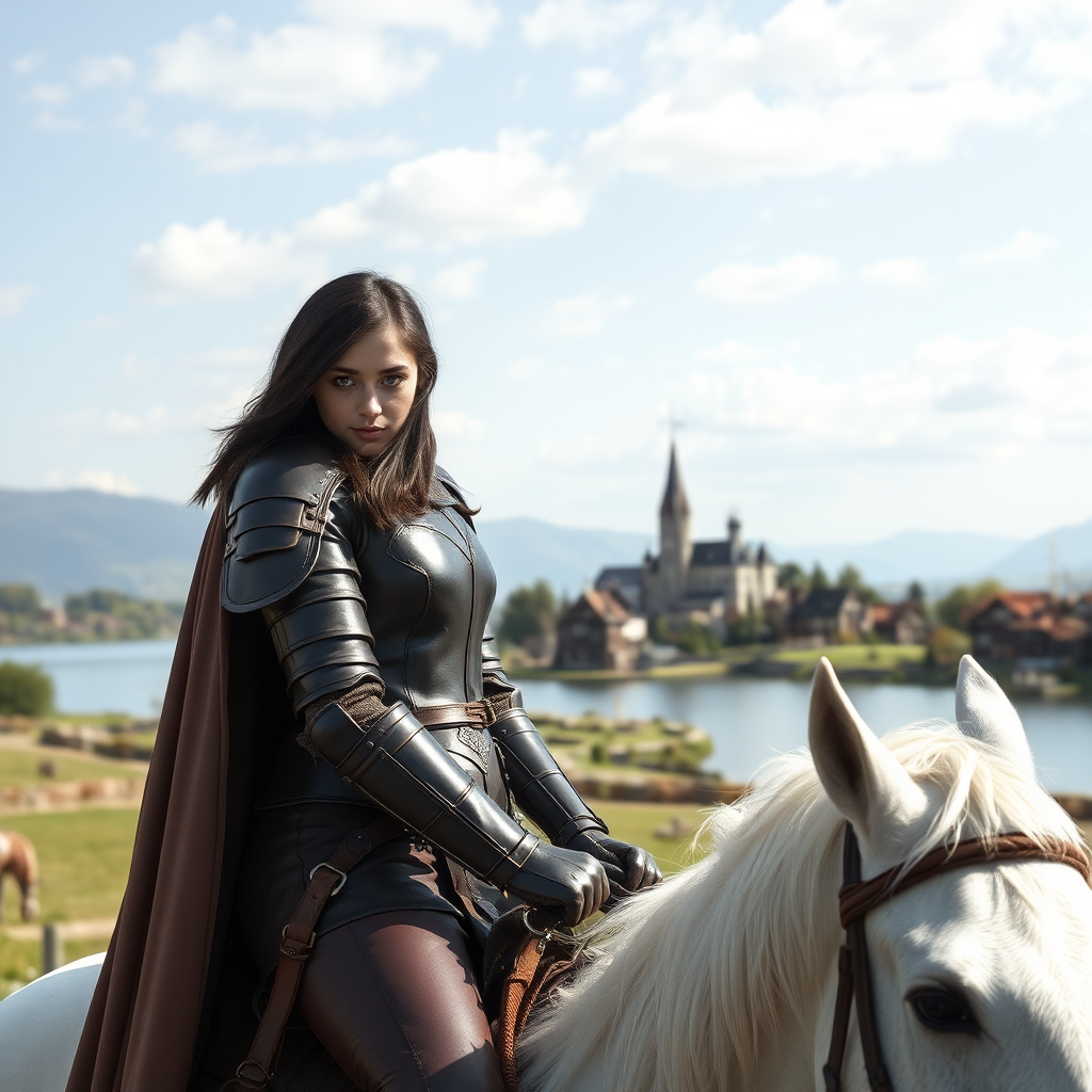 beautiful young woman, dark hair, past her shoulders, blue eyes, small, slim figure, wearing full leather armor suit, long cloak, on a white horse with a large open scenery and beautiful medieval village on a lake.