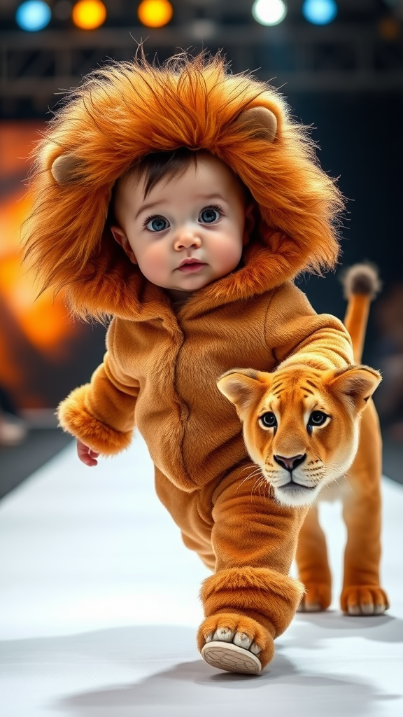 A cute small chubby fair baby with big eyes, pink lips, and pink cheeks wearing a furry cozy lion costume doing a ramp walk in a fashion show, walking with a real lion while holding the lion with one hand, cinematic.