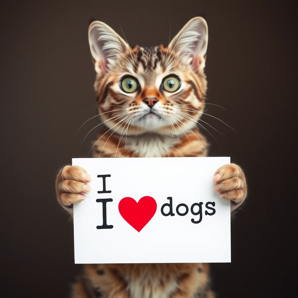 cat holding a sign that says "I love dogs"